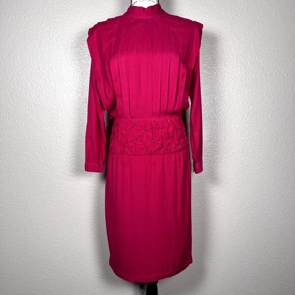 Vintage Momentos Sz S Blouson Midi Dress Hot Pink Pleated Star-Studded Waist - Picture 1 of 16